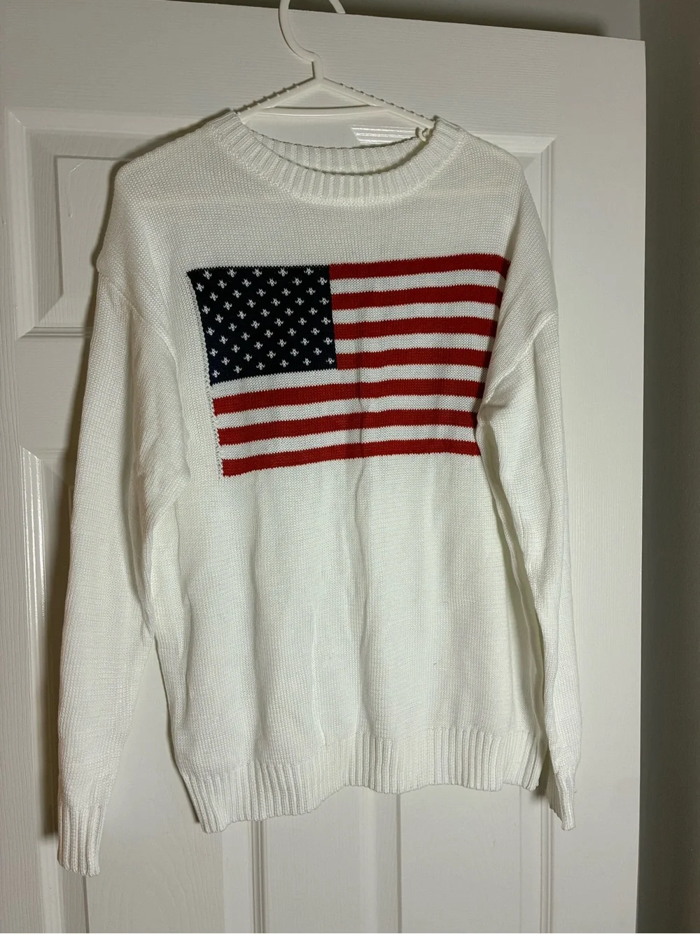 White Crewneck Sweater with Red & Blue Flag Panel